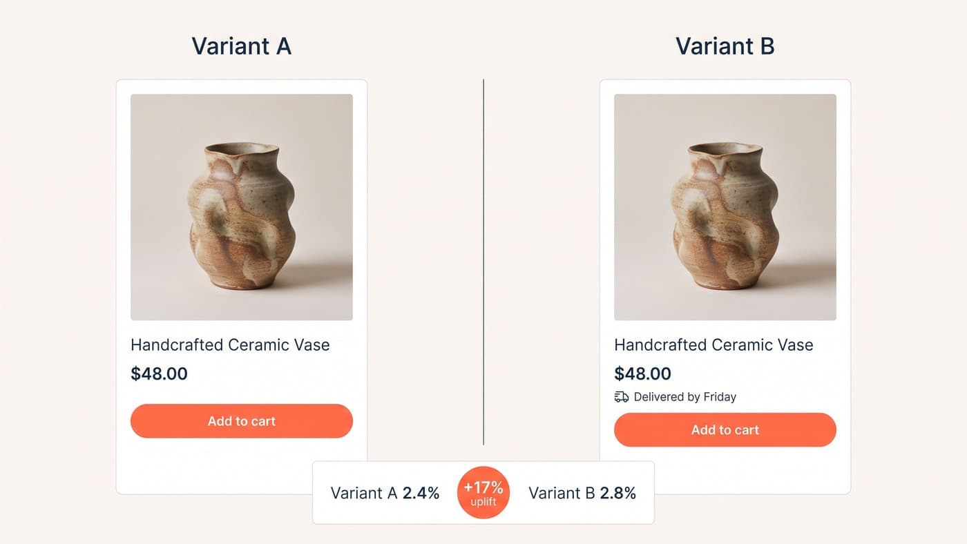 Two variants of the same ceramic vase product page side by side, labelled Variant A and Variant B, with a results strip showing 2.4% against 2.8% and a +17% uplift badge