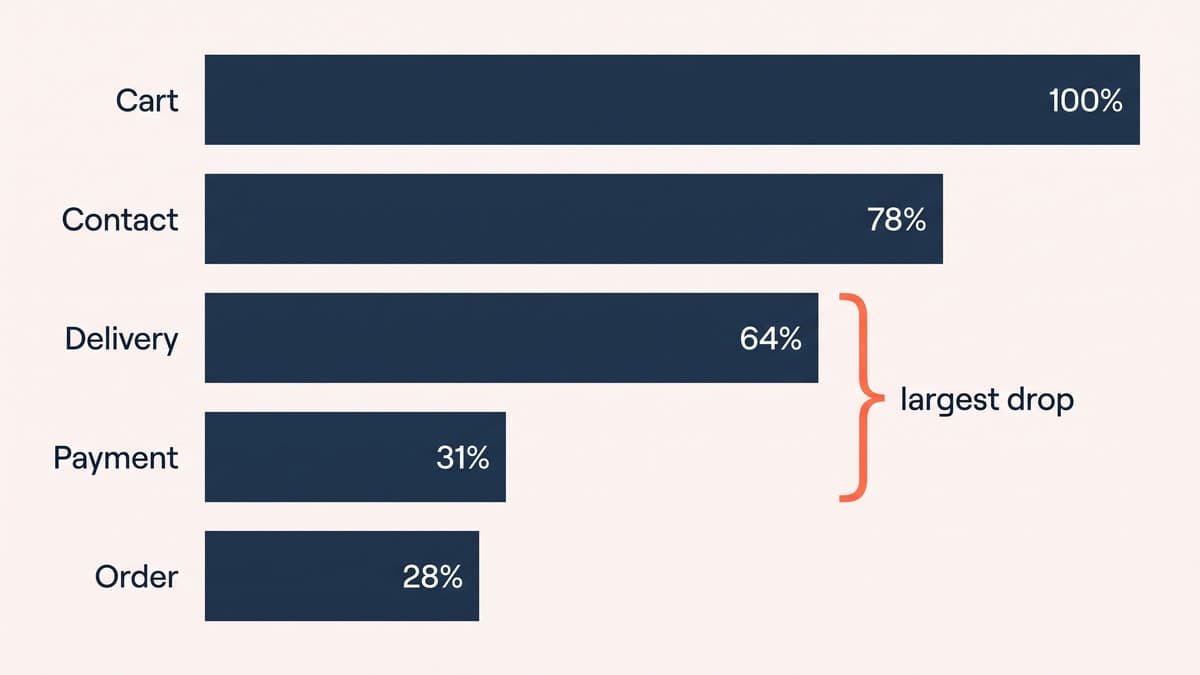 A checkout step funnel showing drop-off at each stage, with the largest fall between delivery options and payment marked in coral