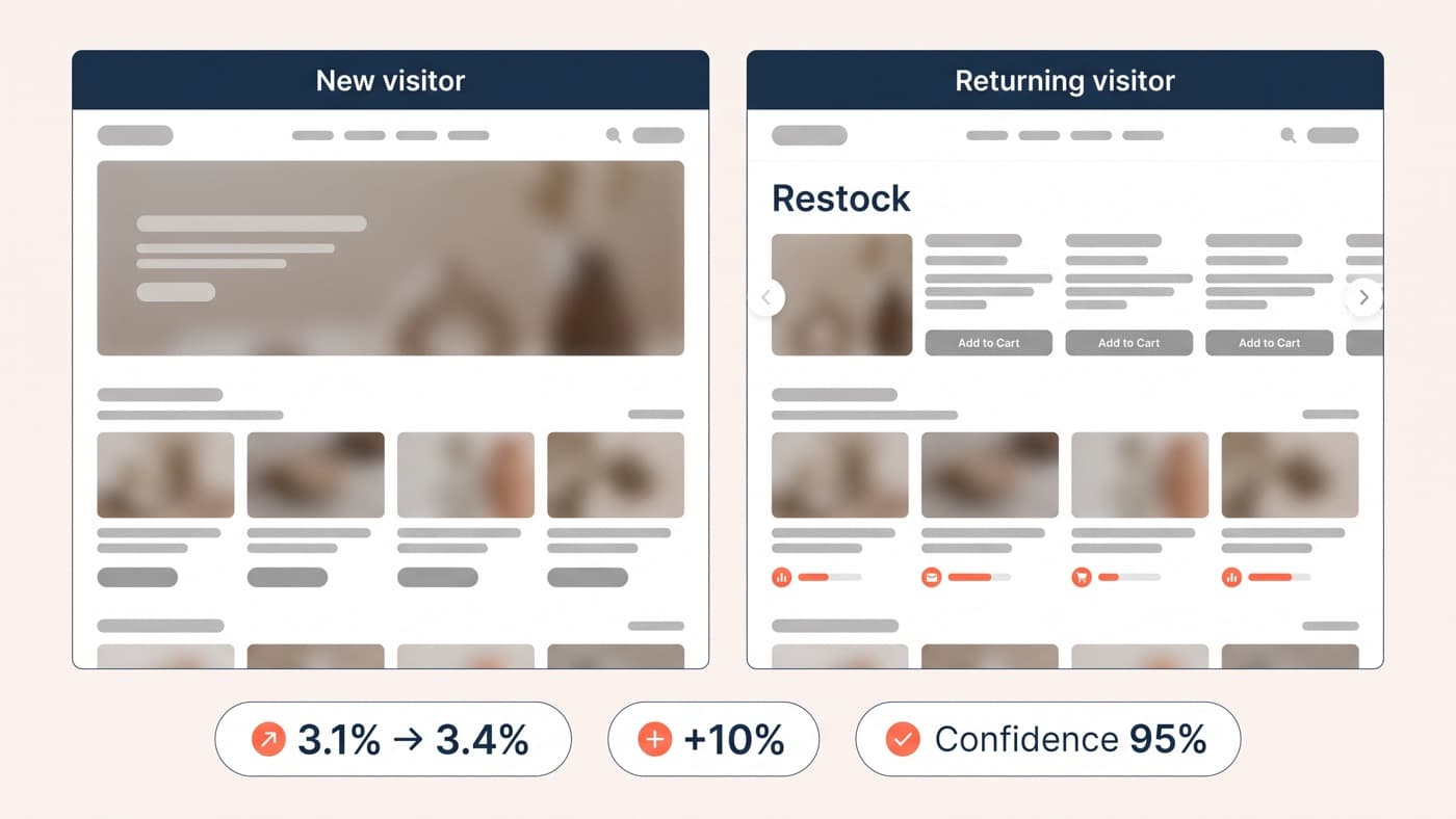 Two ecommerce homepage variants labelled new visitor and returning visitor, the returning version leading with a restock module, with a results chip showing segment conversion rising from 3.1% to 3.4%, a 10% lift at 95% confidence
