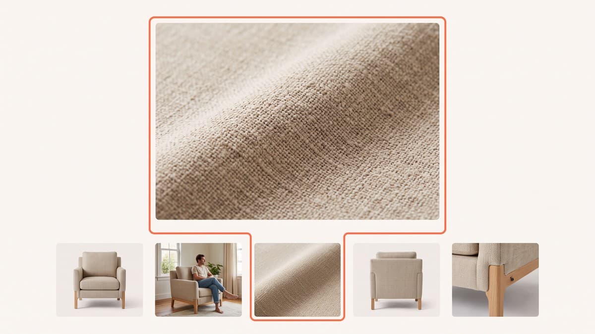 A product gallery with five thumbnails of a linen armchair — studio shot, room shot with a person for scale, fabric close-up, back view and leg detail — with the fabric close-up enlarged above them