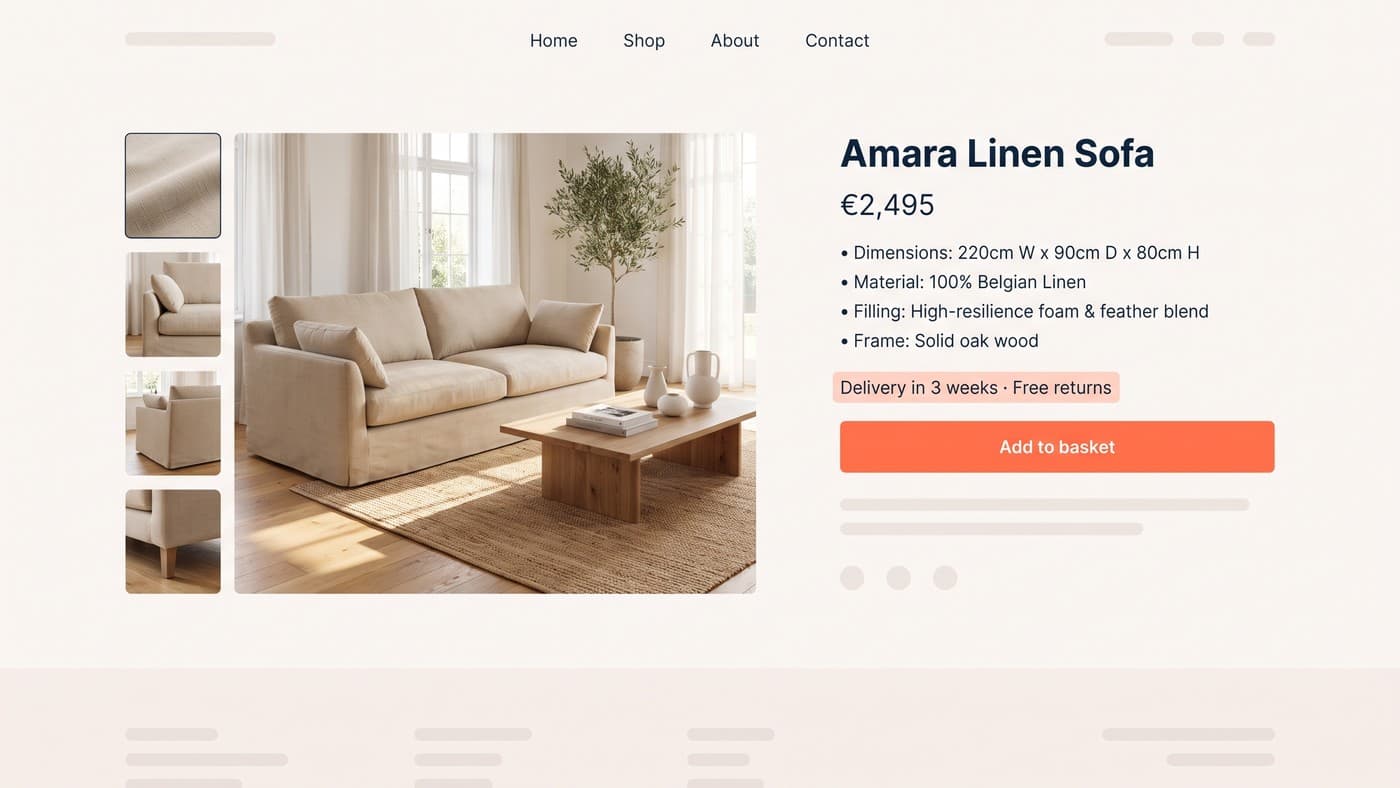 A linen sofa product page with a large room photograph, a specification list, and a highlighted delivery and free returns line directly above the add to basket button