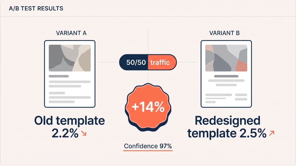 An A/B test results panel comparing the old product template at 2.2% conversion with the redesigned template at 2.5% on a 50/50 traffic split, a 14% relative lift at 97% confidence
