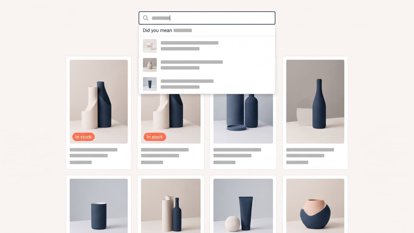 An ecommerce search results page recovering a misspelled query with a corrected-spelling suggestion and instant suggestions, relevant products ranked with in-stock items first