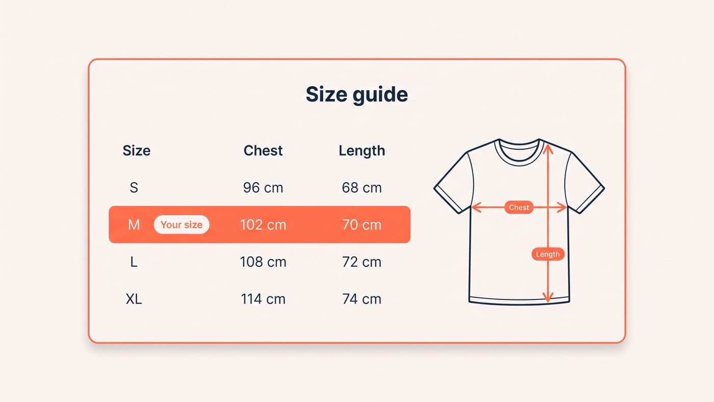 A size guide modal with a chest and length measurement table, the M row highlighted as the shopper's size beside a garment diagram