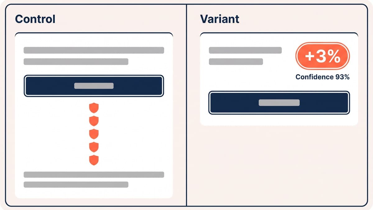 An A/B test results panel comparing a payment step stacked with five assurance badges against a cleaned-up variant showing only the returns promise and delivery date, the cleaner version winning by 3% at 93% confidence