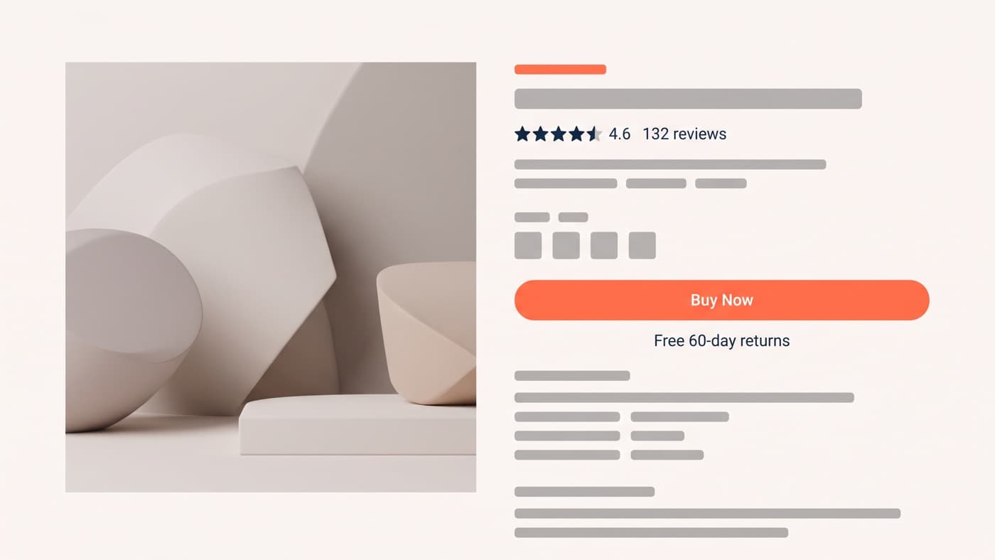 An ecommerce product page with a 4.6-star rating from 132 reviews beside the product title and a free 60-day returns line under the buy button, each trust signal placed at the moment of its doubt
