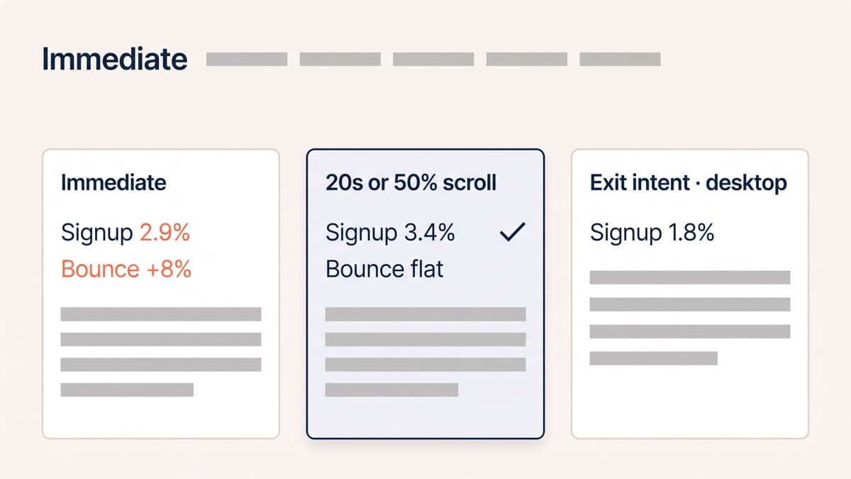 A popup timing test panel comparing an immediate trigger signing up 2.9% of visitors with bounce up 8%, an engagement trigger at 20 seconds or 50% scroll depth signing up 3.4% with bounce flat, and desktop exit intent capturing 1.8%