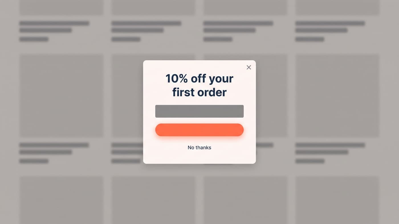 A restrained email signup popup over a storefront offering 10% off a first order, with a visible close control and a plain no thanks decline link