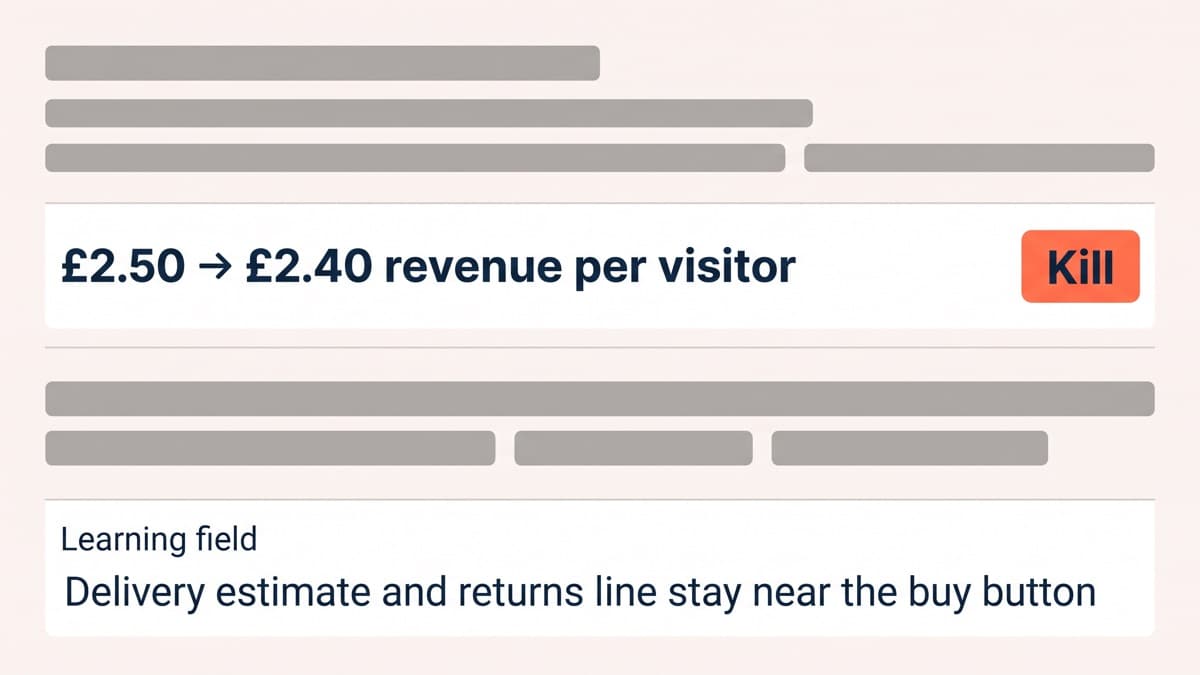 An experiment archive entry logging a killed product page redesign, recording the £2.50 to £2.40 revenue-per-visitor result, a kill decision, and the learning that the delivery estimate and returns line must stay near the buy button