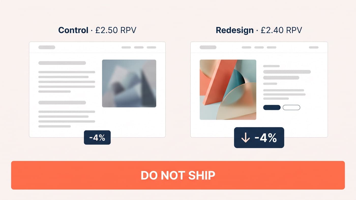An A/B test results panel where a redesigned product page variant loses to the control on revenue per visitor, £2.40 against £2.50, a 4% drop with a do-not-ship verdict