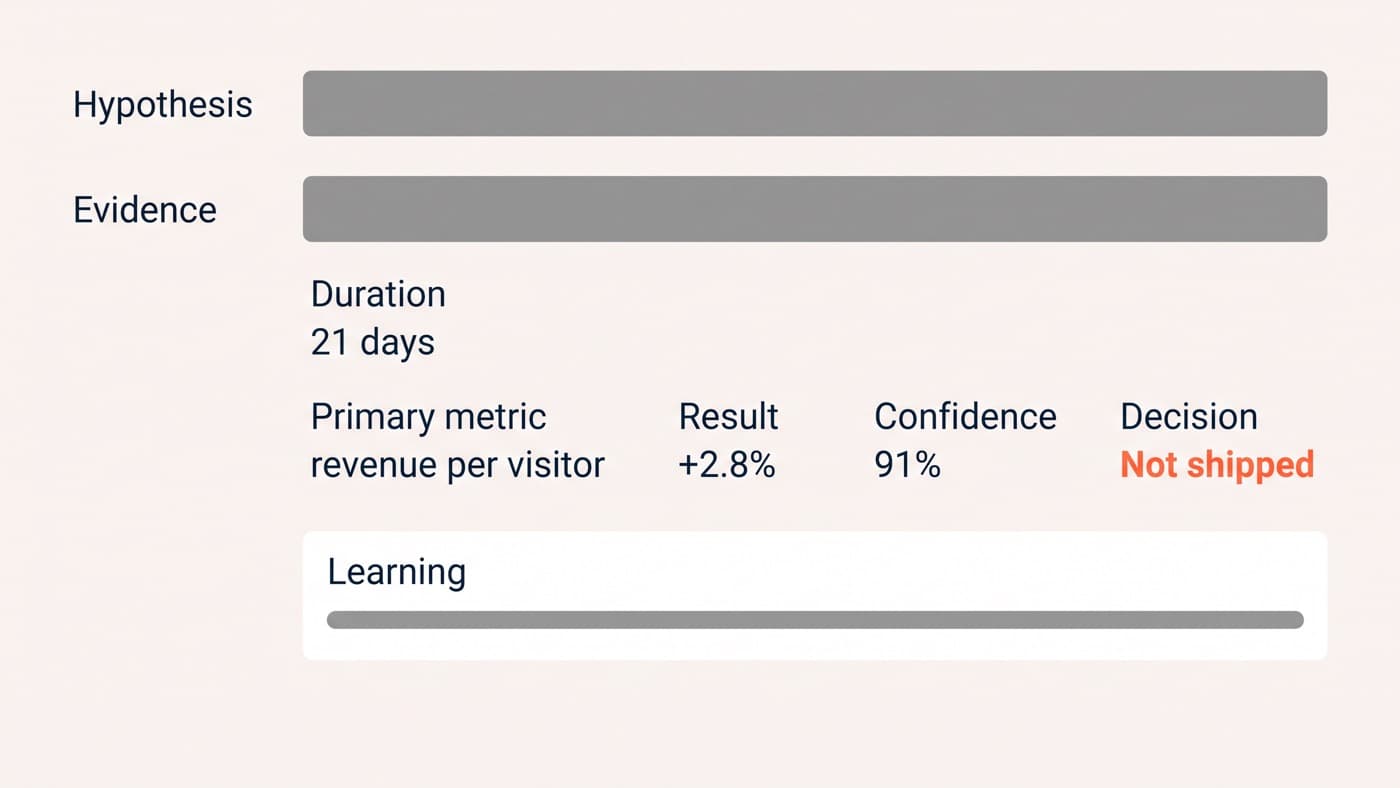A filled experiment archive entry for a collection page filter test showing the hypothesis and its evidence, a 21-day window, revenue per visitor as the primary metric, a result of plus 2.8% at 91% confidence, a decision of not shipped, and a one-sentence learning field