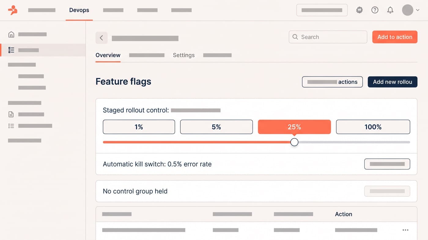 A feature flag console for a checkout rewrite showing a staged rollout plan of 1%, 5%, 25% then 100% with the flag currently at 25%, an automatic kill switch set to a 0.5% error rate, and a status line reading no control group held