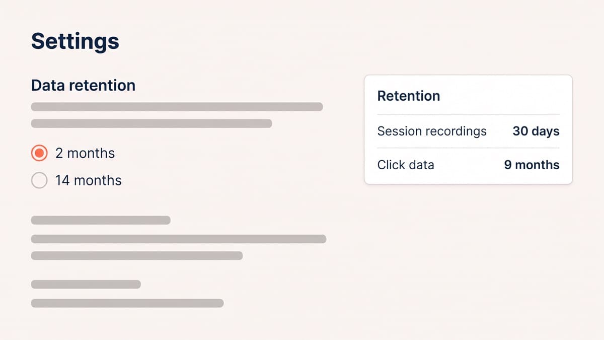 A generic unbranded analytics settings panel screenshot showing a data retention control with two options, two months selected and fourteen months available, beside a retention summary card listing session recordings kept for thirty days and aggregated click data kept for nine months