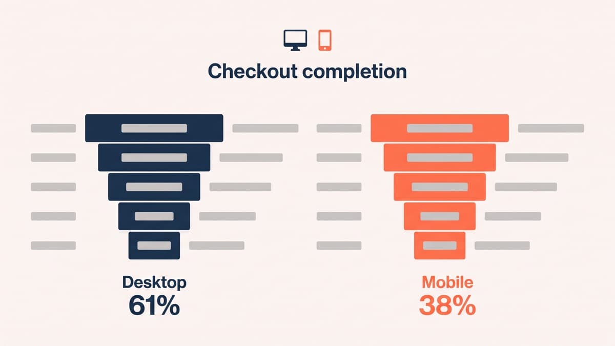 An analytics funnel exploration segmented by device, showing checkout completion at 61% on desktop against 38% on mobile for the same store