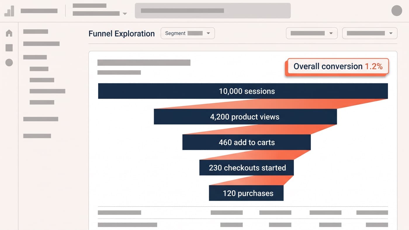 An analytics funnel exploration with five ecommerce steps falling from 10,000 sessions to 4,200 product views, 460 add to carts, 230 checkouts started and 120 purchases, an overall conversion rate of 1.2%