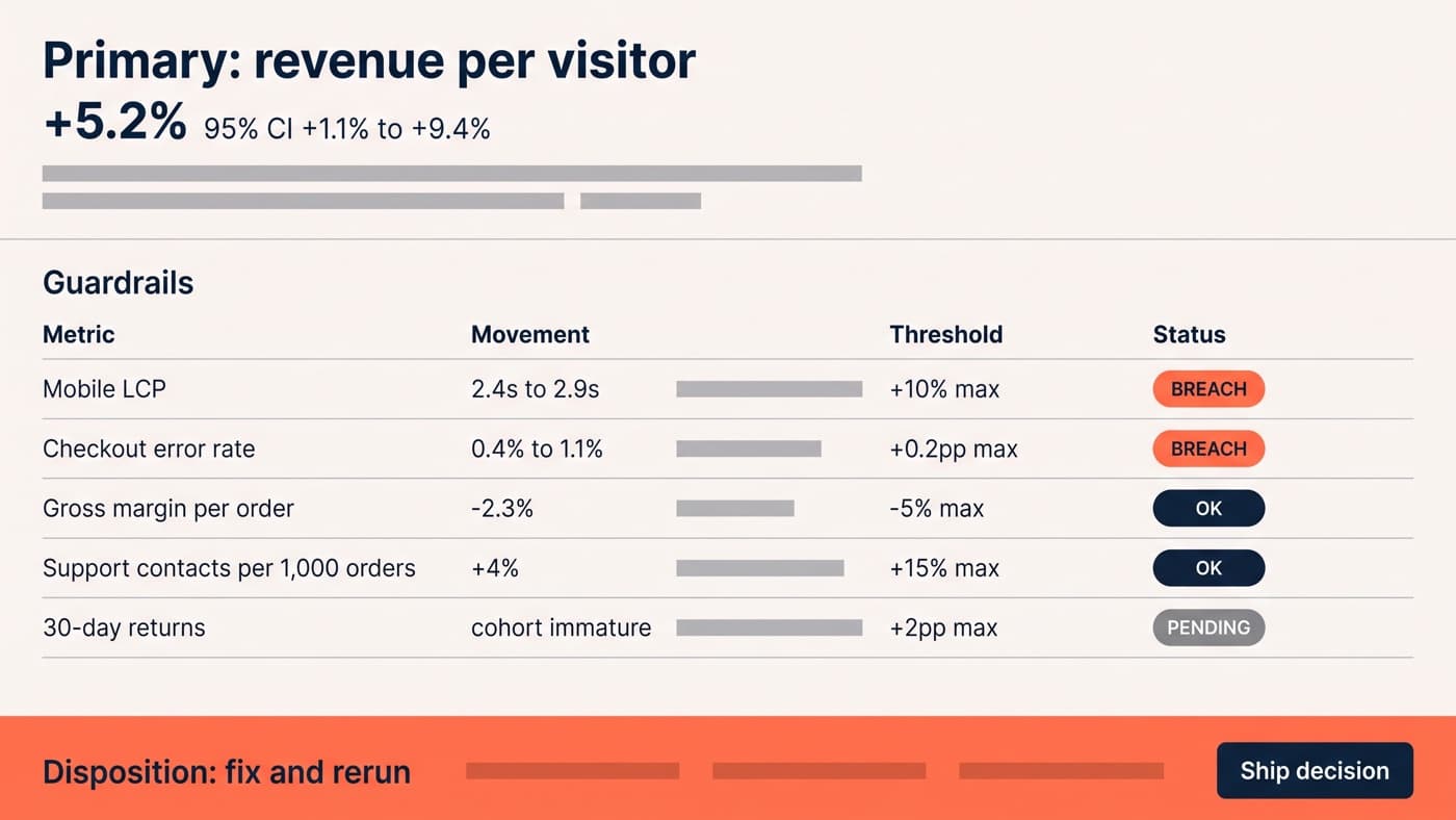 An experiment ship decision screen where revenue per visitor is up 5.2% with a 95% confidence interval of plus 1.1% to plus 9.4%, above a guardrail table marking mobile LCP moving 2.4s to 2.9s and checkout error rate 0.4% to 1.1% as breaches, gross margin per order at minus 2.3% and support contacts at plus 4% as within threshold, 30-day returns pending, and a disposition of fix and rerun