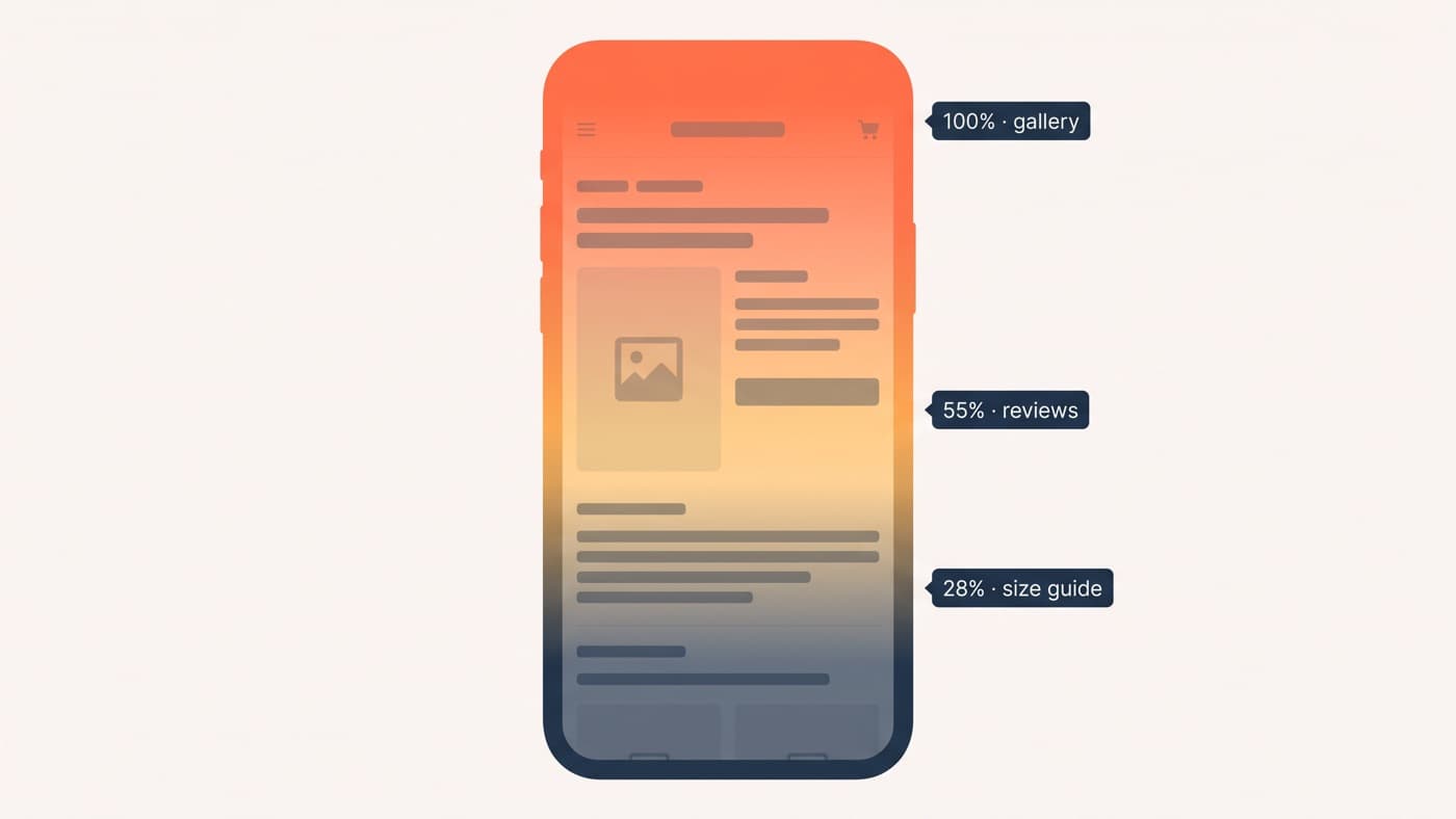 A scroll heatmap over a mobile product page showing attention falling from 100% of visitors at the gallery to 55% at the review section and 28% at the size guide below it