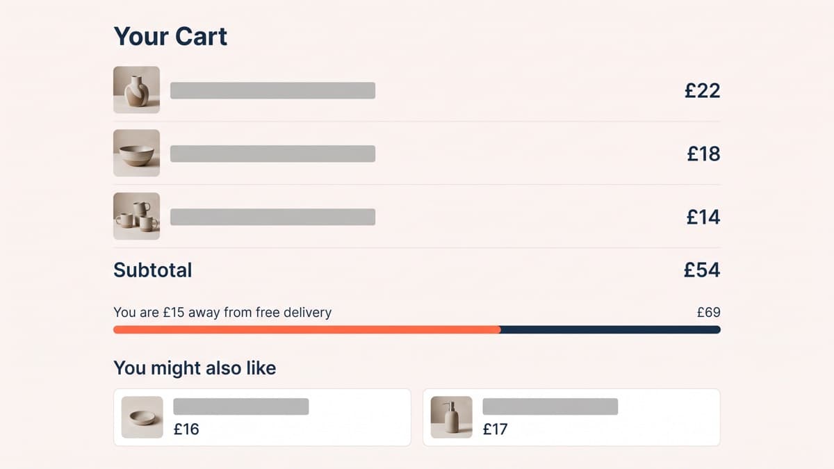 A cart drawer showing a £54 basket beneath a progress bar reading you are £15 away from free delivery at £69, with a cross-sell row of two accessories priced under £18