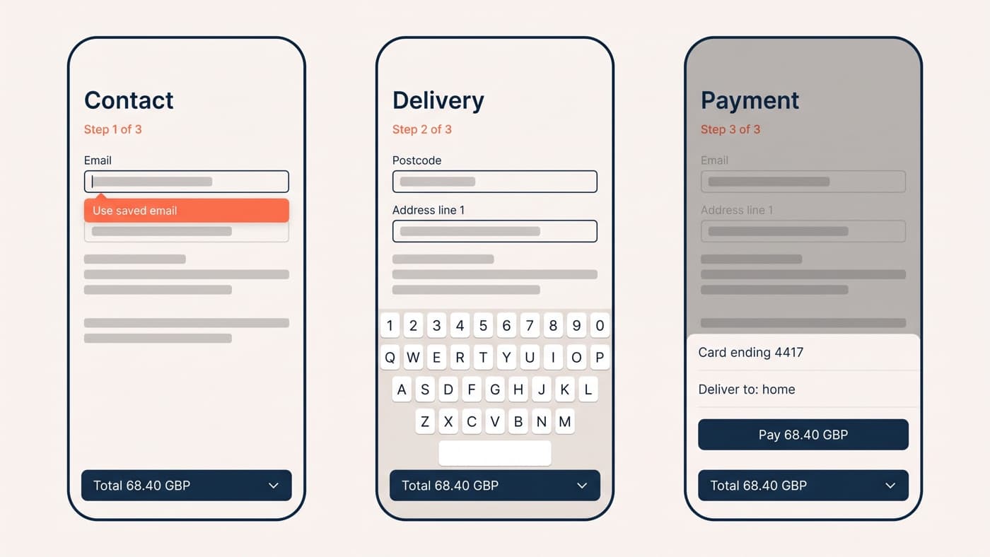 Three mobile checkout screens side by side, a contact step showing a use saved email autofill chip, a delivery step with the keyboard raised under postcode and address line 1, and a payment step with a native payment sheet reading card ending 4417 and a pay £68.40 button, each carrying the same sticky total £68.40 bar