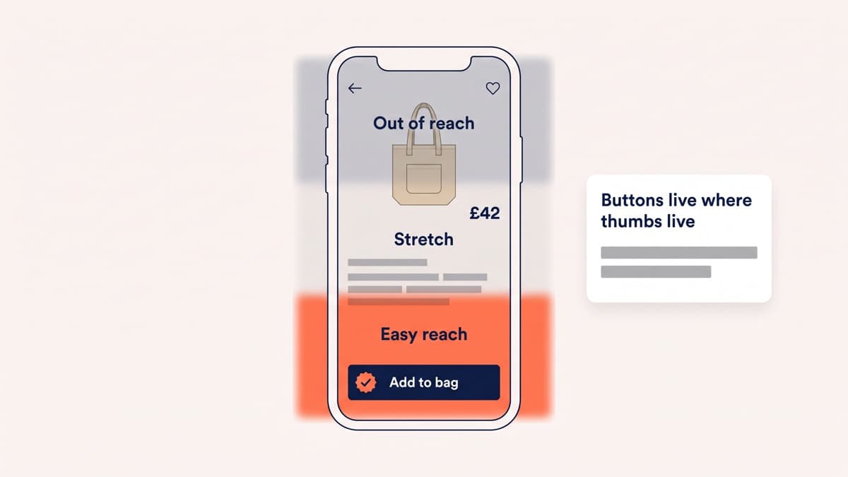 A smartphone product page for a tote bag priced at 42 pounds overlaid with three thumb-reach zones, the easy-reach zone at the bottom highlighted in coral and containing the add-to-bag button