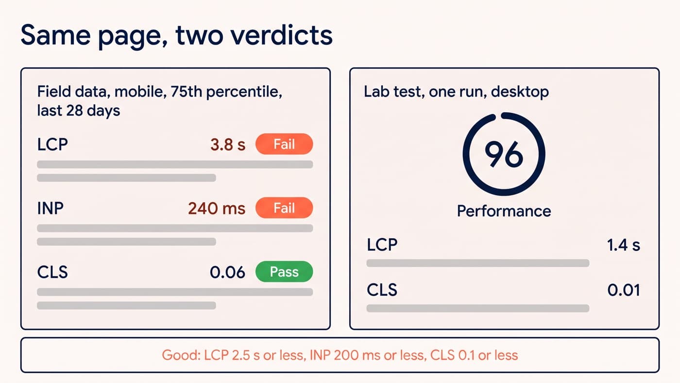 A performance report headed same page, two verdicts, comparing mobile field data at the 75th percentile over 28 days, where LCP fails at 3.8 seconds and INP fails at 240 milliseconds while CLS passes at 0.06, against a single desktop lab run scoring 96 with an LCP of 1.4 seconds and a CLS of 0.01