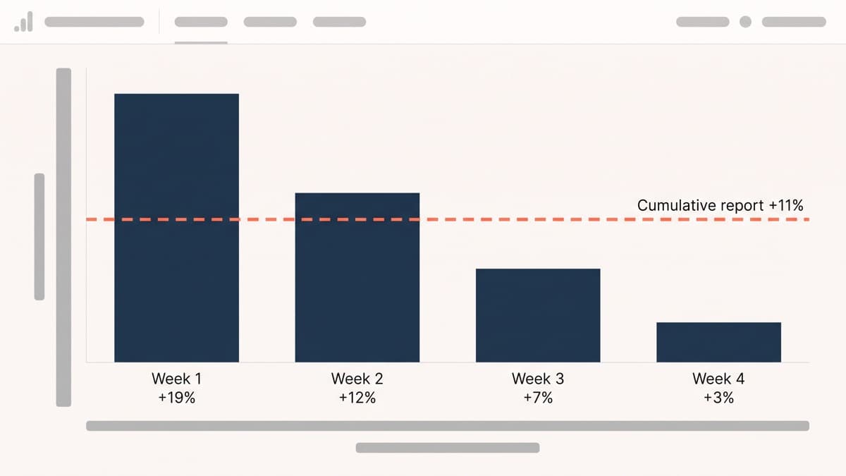 A weekly lift chart for one experiment showing relative uplift falling from +19% in week one to +12%, +7% and +3% across the following three weeks, with a flat reference line marking the +11% figure the cumulative report showed