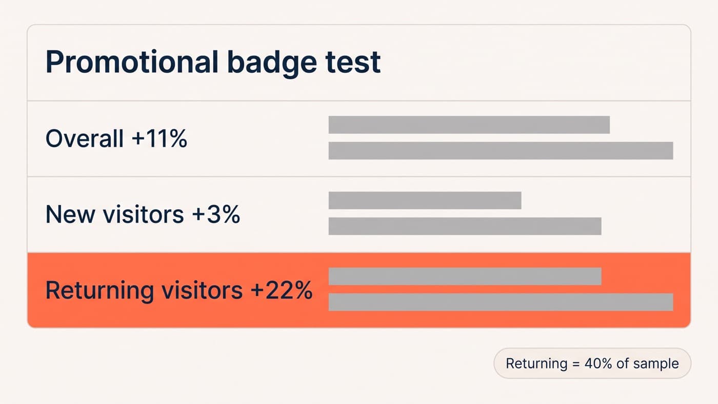 An experiment segment breakdown table for a promotional badge test reporting +11% overall, split into new visitors at +3% and returning visitors at +22%, with returning traffic marked as 40% of the sample