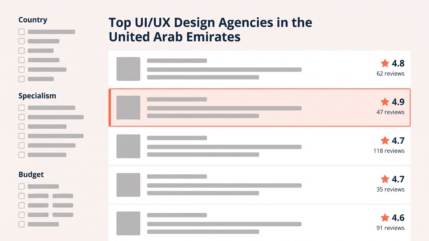 A generic unbranded agency directory screenshot showing a ranked list of UI/UX design agencies in the United Arab Emirates, with filter controls for country and specialism down the left, five agency rows each carrying a star score and review count, and the second row highlighted in coral