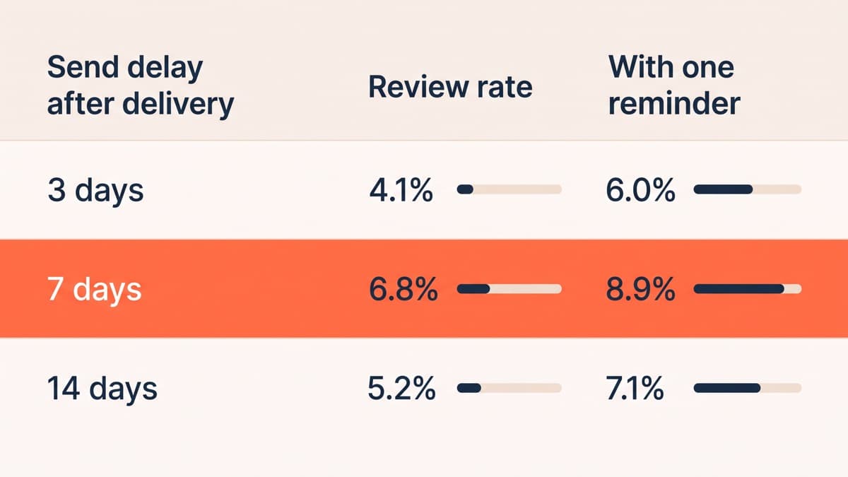 A generic unbranded review-request performance table with three rows for send delay after delivery confirmation, showing 3 days at a 4.1% review rate, 7 days at 6.8% and 14 days at 5.2%, with a reminder column adding roughly two percentage points