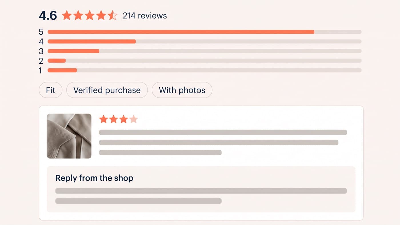 A generic unbranded product page review block screenshot with a 4.6 average rating, a star distribution histogram, filter chips for fit and verified purchase, and one review carrying a customer photograph with a merchant reply inline beneath it
