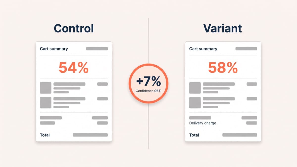 An A/B test results panel comparing a control cart hiding delivery cost until checkout at 54% cart-to-checkout progression with a variant showing the charge in the cart summary at 58%, a 7% relative lift at 96% confidence