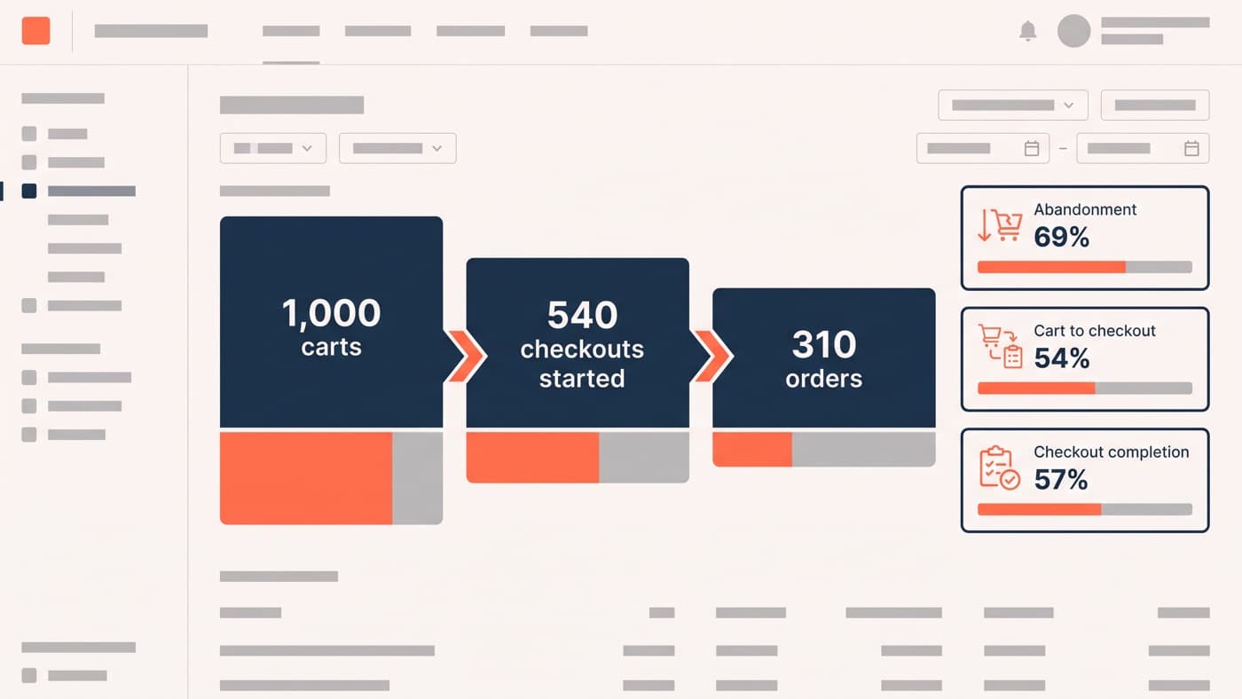 A cart funnel dashboard showing 1,000 carts created, 540 checkouts started and 310 orders placed, with the blended 69% abandonment rate split into a 54% cart-to-checkout step and a 57% checkout completion step