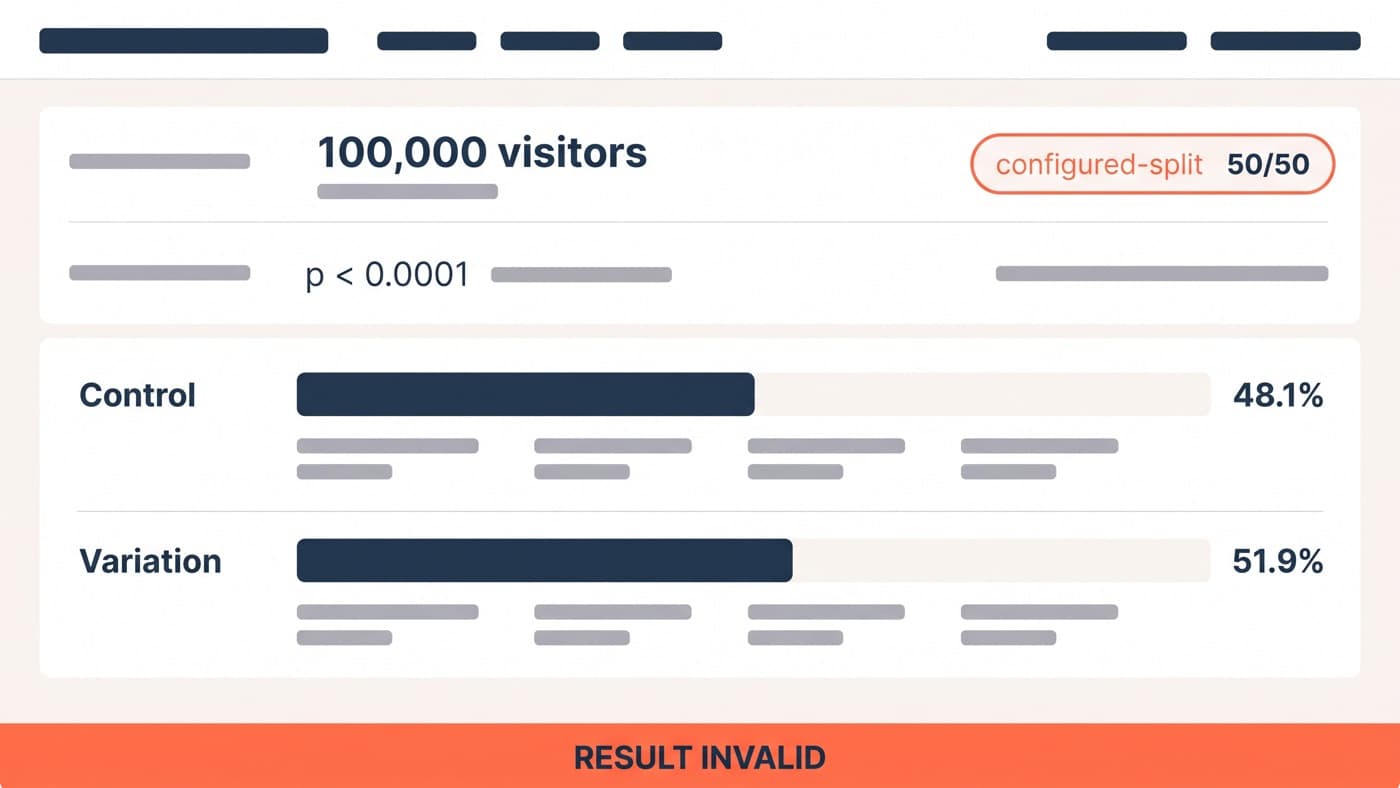 An experiment traffic-split panel showing the control at 48.1% and the variation at 51.9% across 100,000 visitors, with a chi-square p-value below 0.0001 and a banner marking the result invalid