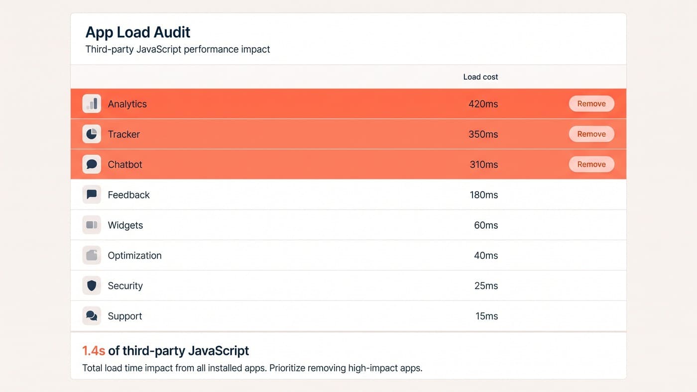 An installed apps audit listing eight apps with a load-cost column in milliseconds, the three heaviest flagged for removal