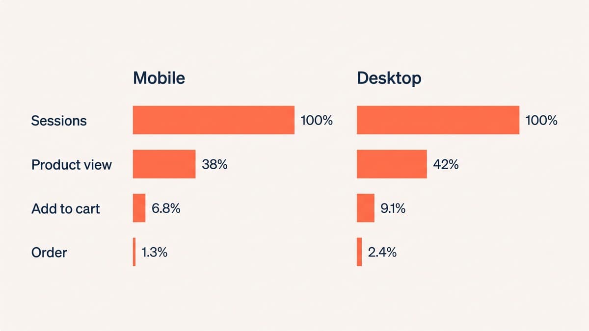 A conversion funnel split into mobile and desktop columns, showing sessions, product view, add to cart and order dropping from 100% to 1.3% on mobile and 2.4% on desktop
