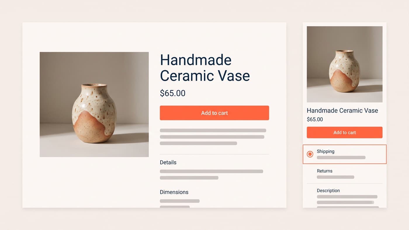 A homeware product page shown at desktop and mobile widths side by side, with a coral marker highlighting the shipping row on the mobile layout