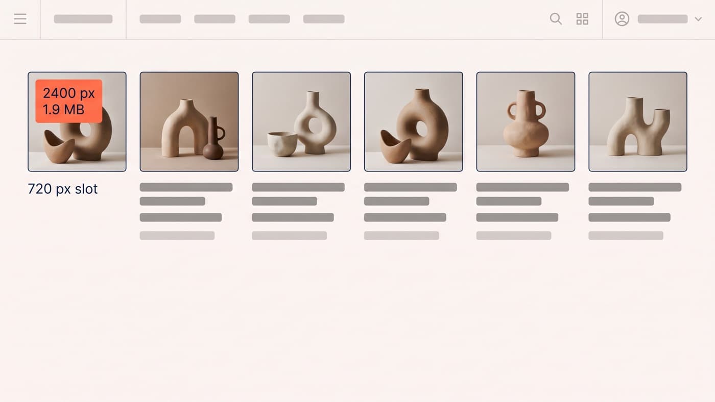 A generic store admin media grid for one product showing six gallery thumbnails, each badged with the pixel width and file size it delivers, the hero flagged in coral at 2400 pixels and 1.9 MB against a 720 pixel slot