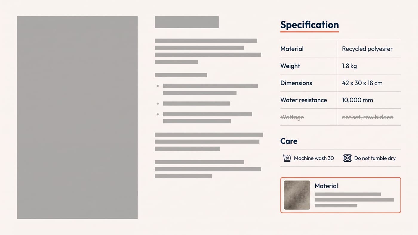 A product page whose specification table is rendered from metafields, listing material as recycled polyester, weight 1.8 kg, dimensions 42 x 30 x 18 cm and water resistance 10,000 mm, with a wattage row struck through and marked not set so the row is hidden, beside a care strip reading machine wash 30 and do not tumble dry