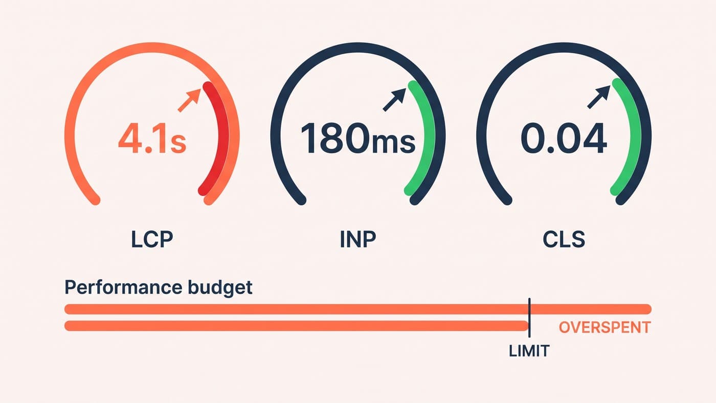 A web performance report with LCP, INP and CLS gauges, LCP failing at 4.1 seconds, above an overspent performance budget bar