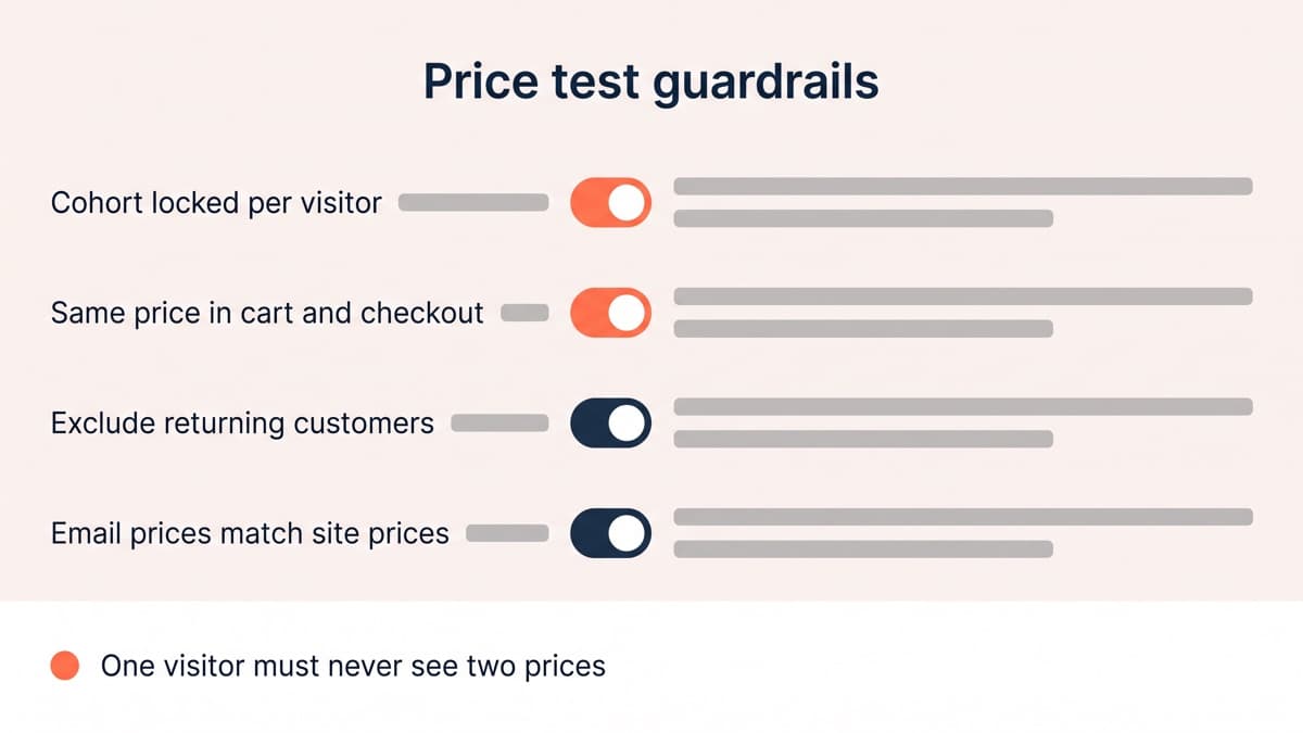 A settings panel titled price test guardrails with toggles for cohort locked per visitor, same price in cart and checkout, exclude returning customers and email prices matching site prices, above a coral warning reading one visitor must never see two prices