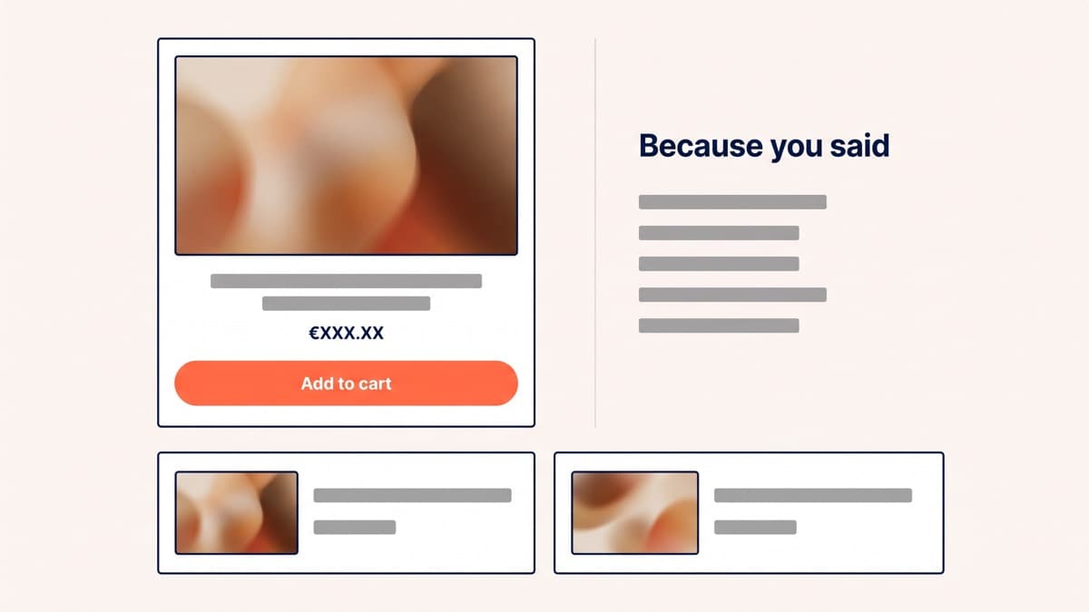A generic storefront quiz result screen showing one recommended product with a because-you-said summary of the four answers given, its price, an add-to-cart button, and two runner-up cards beneath it