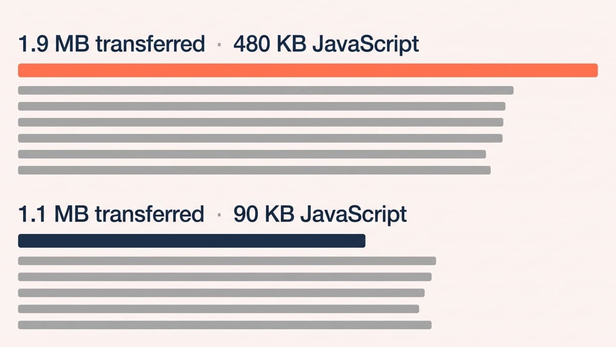 A generic browser network panel comparing two versions of one landing page side by side, the builder-built page at 1.9 MB transferred with 480 KB of JavaScript against the native-section page at 1.1 MB with 90 KB