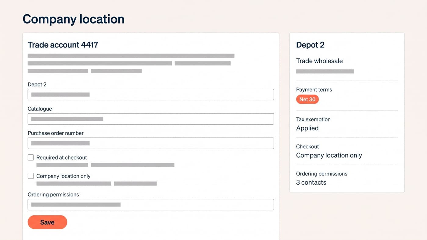 A commerce admin company location page for trade account 4417 at depot 2, with fields for catalogue, purchase order number and ordering permissions beside a summary card reading trade wholesale, payment terms net 30, tax exemption applied, checkout company location only and 3 contacts