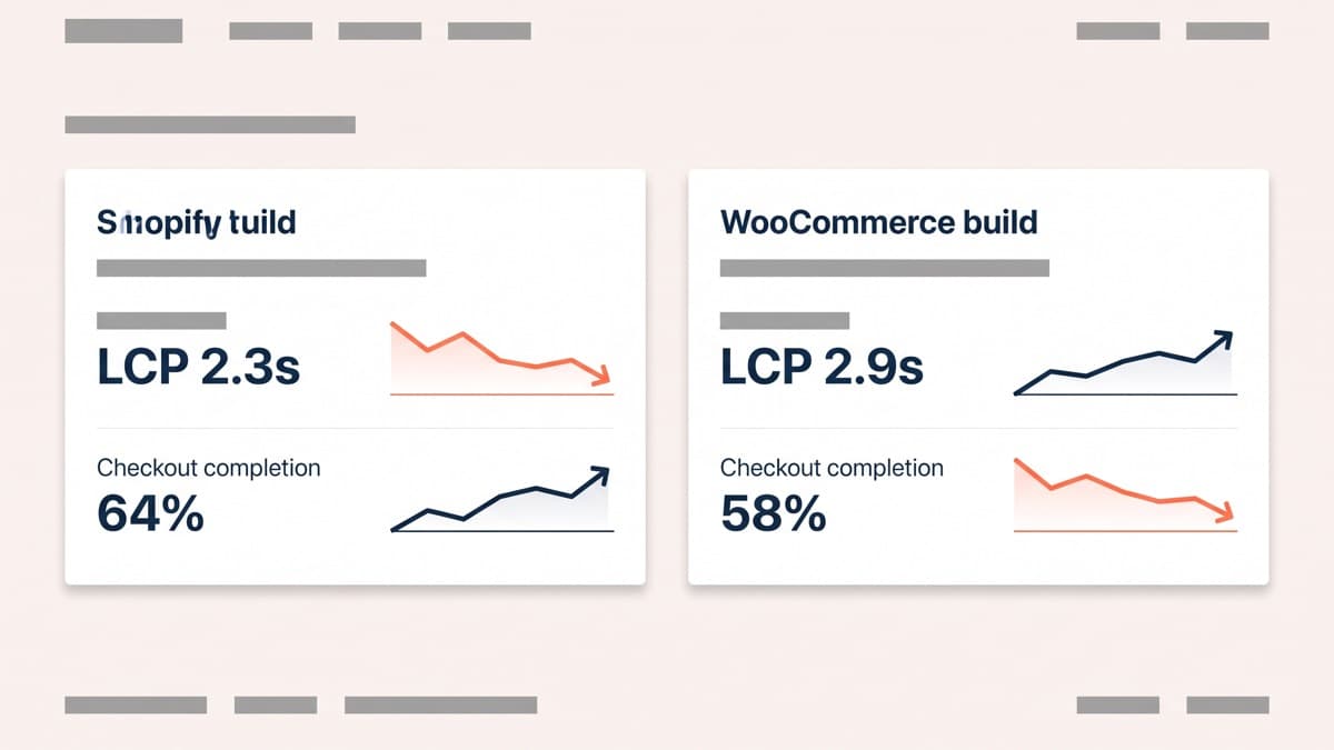 A paired performance dashboard comparing a Shopify build with largest contentful paint at 2.3 seconds and mobile checkout completion at 64% against a WooCommerce build at 2.9 seconds and 58%