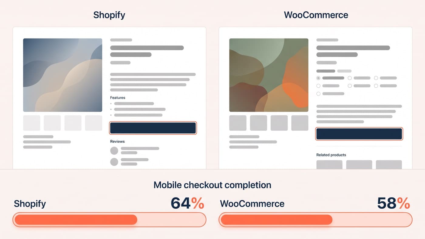 Two storefront product pages side by side labelled Shopify and WooCommerce above a comparison strip showing mobile checkout completion at 64% versus 58%