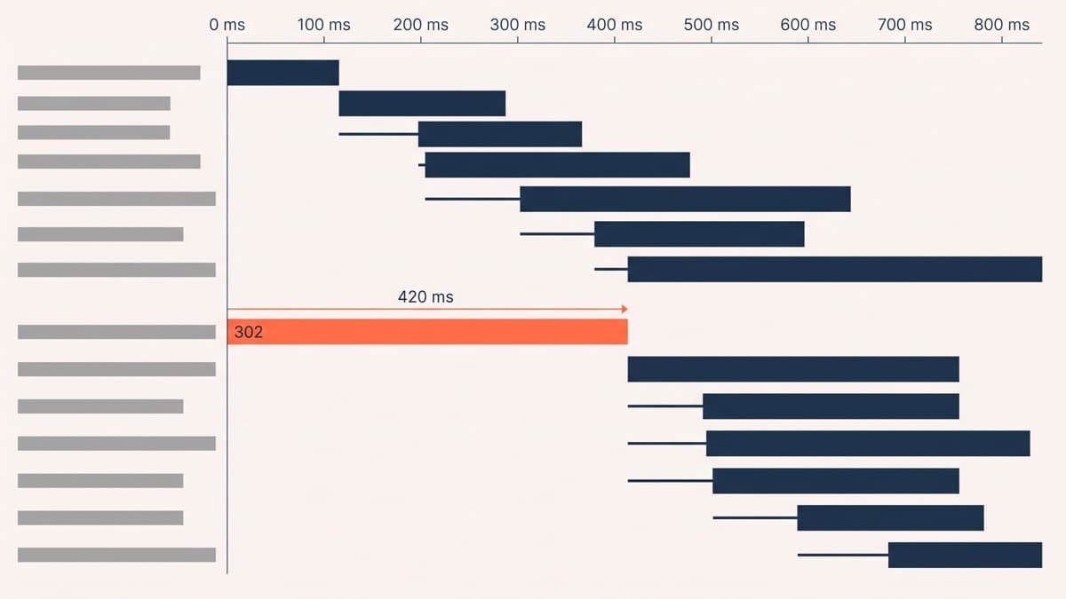 A browser network waterfall for a redirect test showing the control page starting immediately and the variant delayed by a 302 hop measured at 420 ms before its first request begins, with the redirect row highlighted