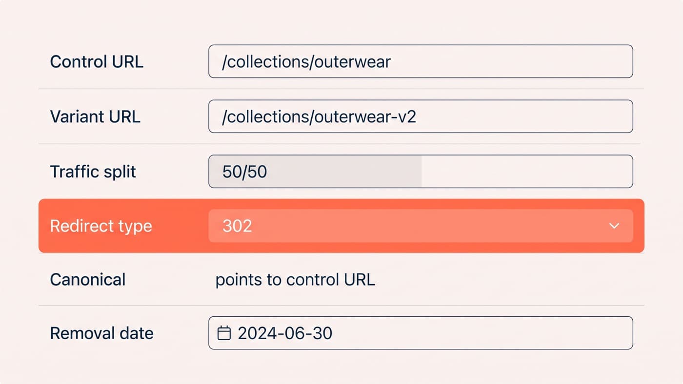 A split URL test configuration screen showing a control URL and a variant URL at a configured 50/50 split, the redirect type set to 302, a canonical tag pointing back at the control, and a removal date filled in