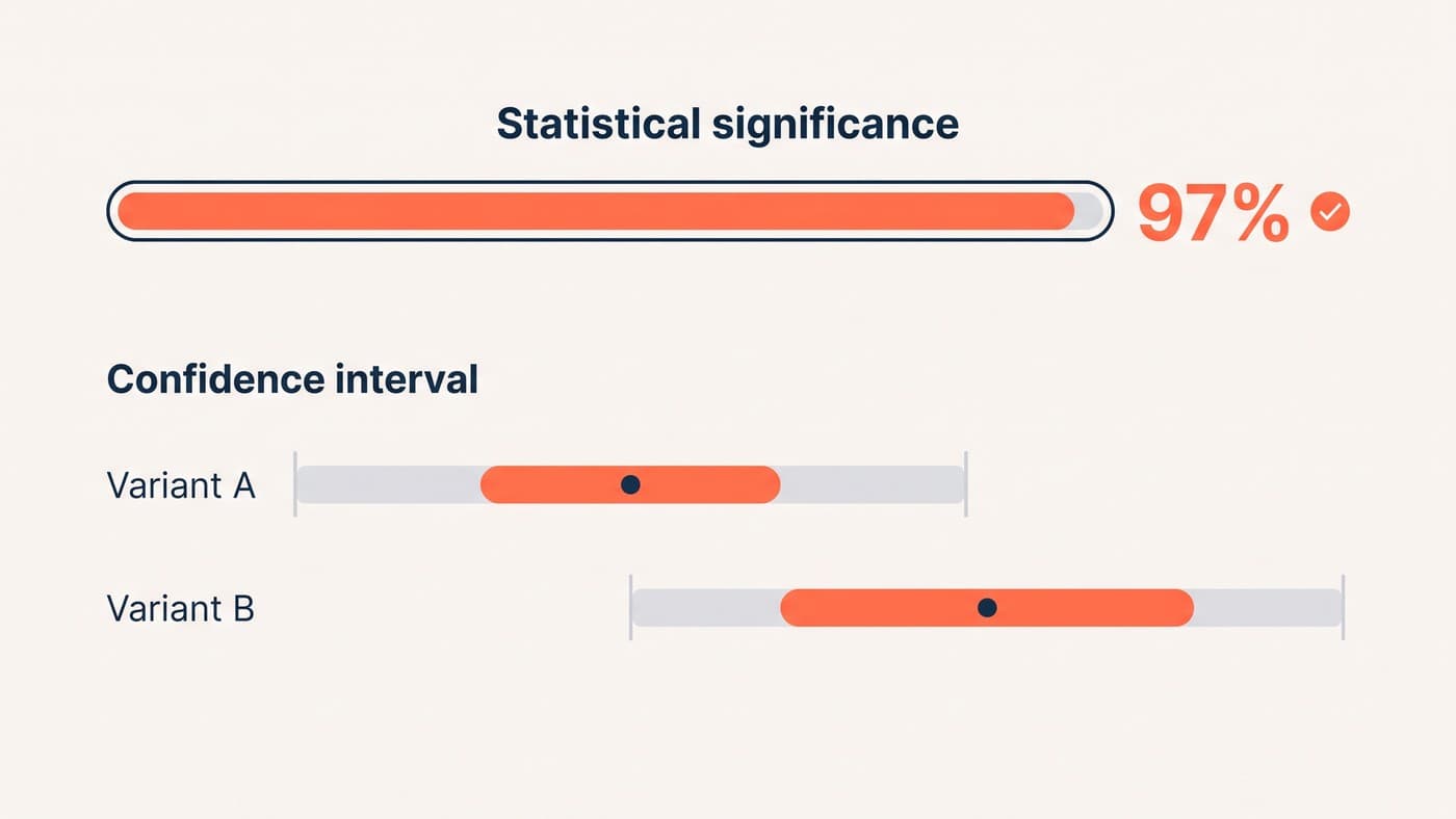 An A/B test results panel with a statistical significance meter at 97% above two overlapping confidence interval bars