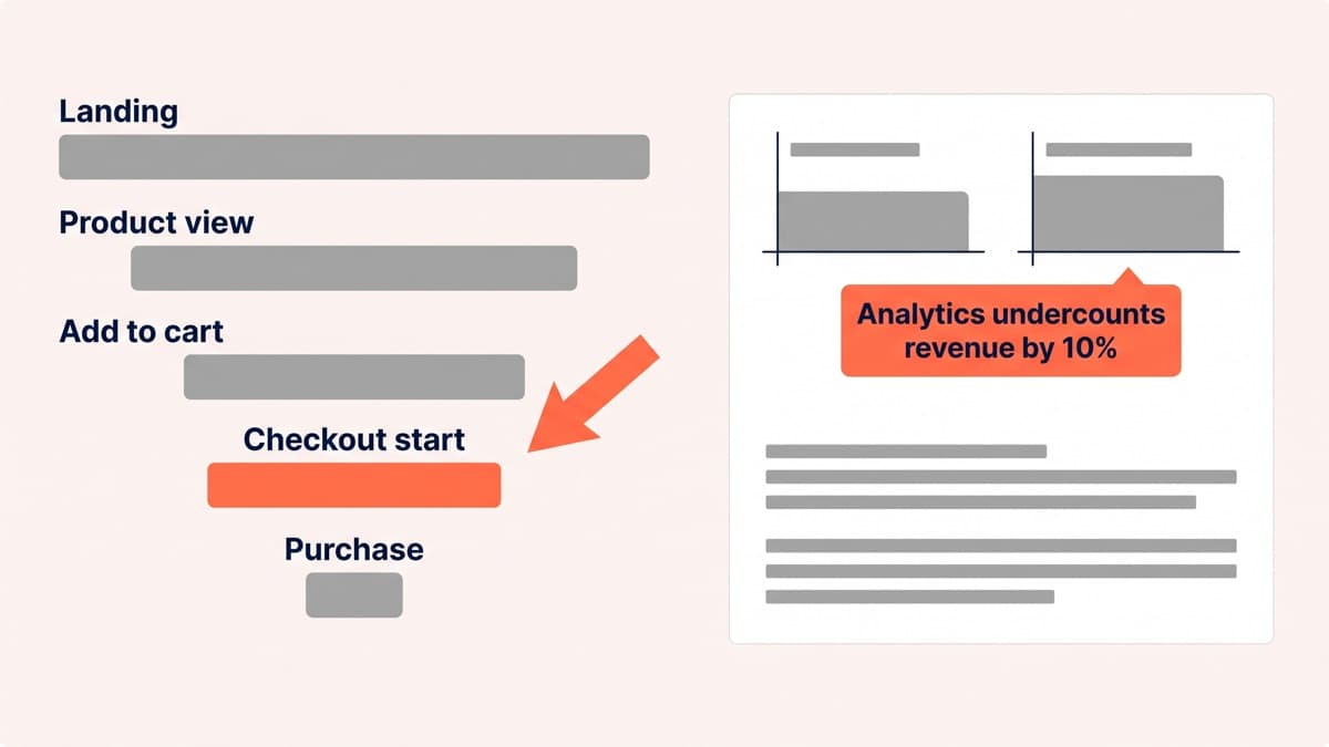 A CRO audit workspace showing a five-step funnel from landing to purchase with the checkout step flagged as the largest drop, beside a reconciliation panel showing analytics undercounting back-office revenue by 10%
