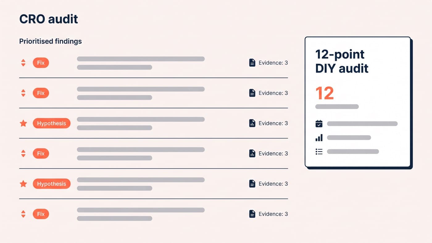 A CRO audit report screen with a prioritised findings list, each row tagged fix or hypothesis with an evidence count, beside a summary card reading 12-point DIY audit